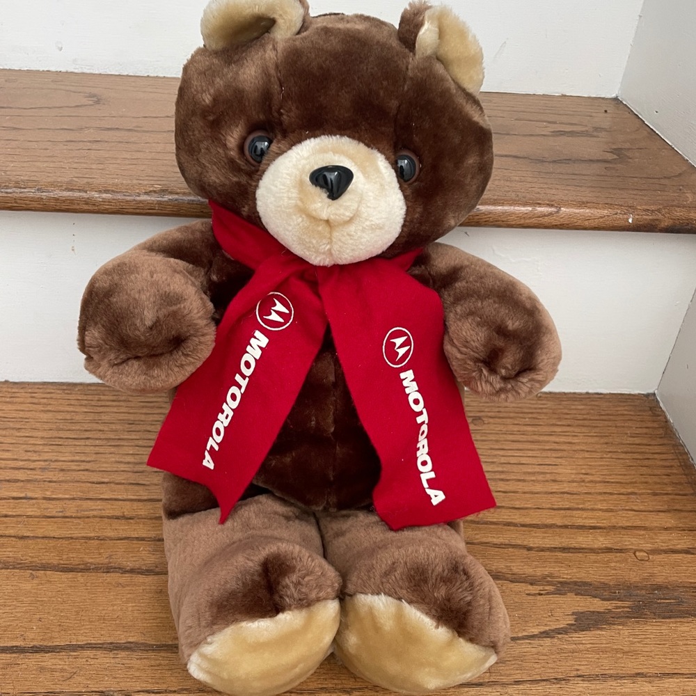 NWOT Motorola Teddy Bear Plush with red scarf and SECRET ZIPPER POCKET